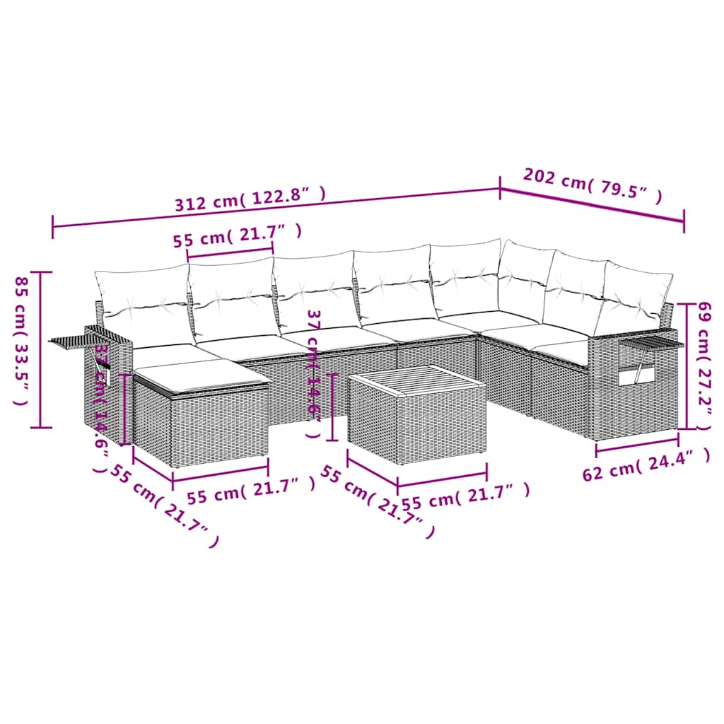 Set Divani da Giardino 9 pz con Cuscini Nero in Polyrattan | homemem39