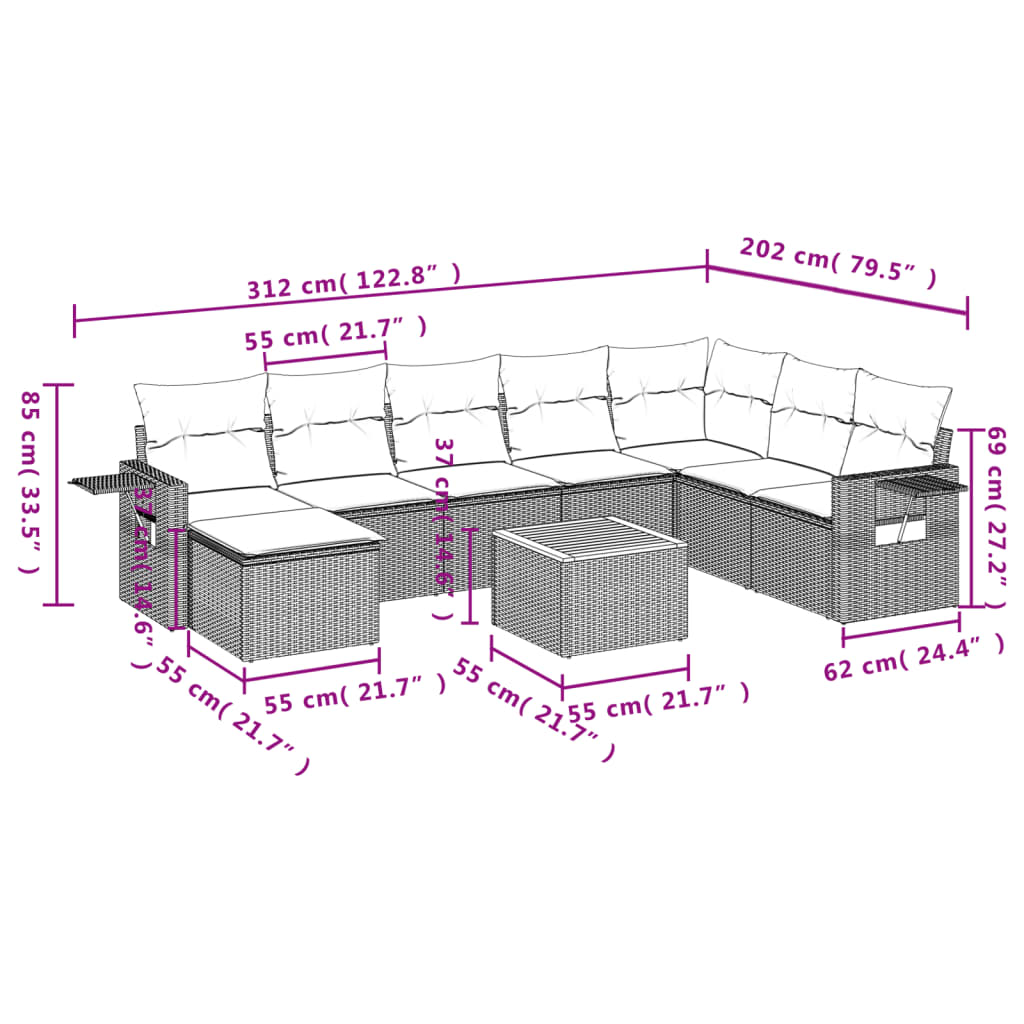 Set Divano da Giardino 9 pz con Cuscini Beige in Polyrattan - homemem39