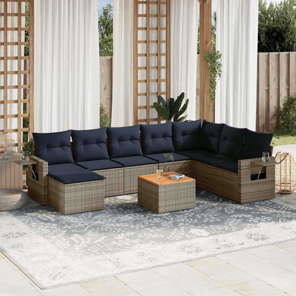 Set Divani da Giardino 9 pz con Cuscini Grigio in Polyrattan | homemem39