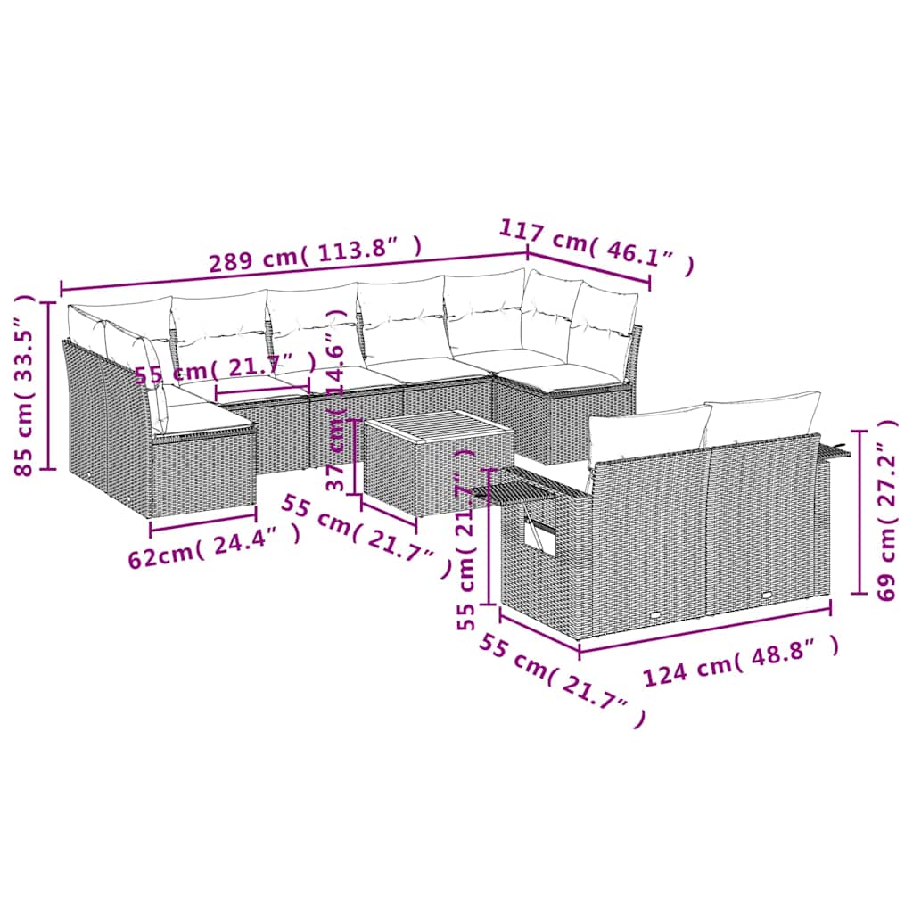 Set Divani da Giardino 10 pz con Cuscini Nero in Polyrattan | homemem39