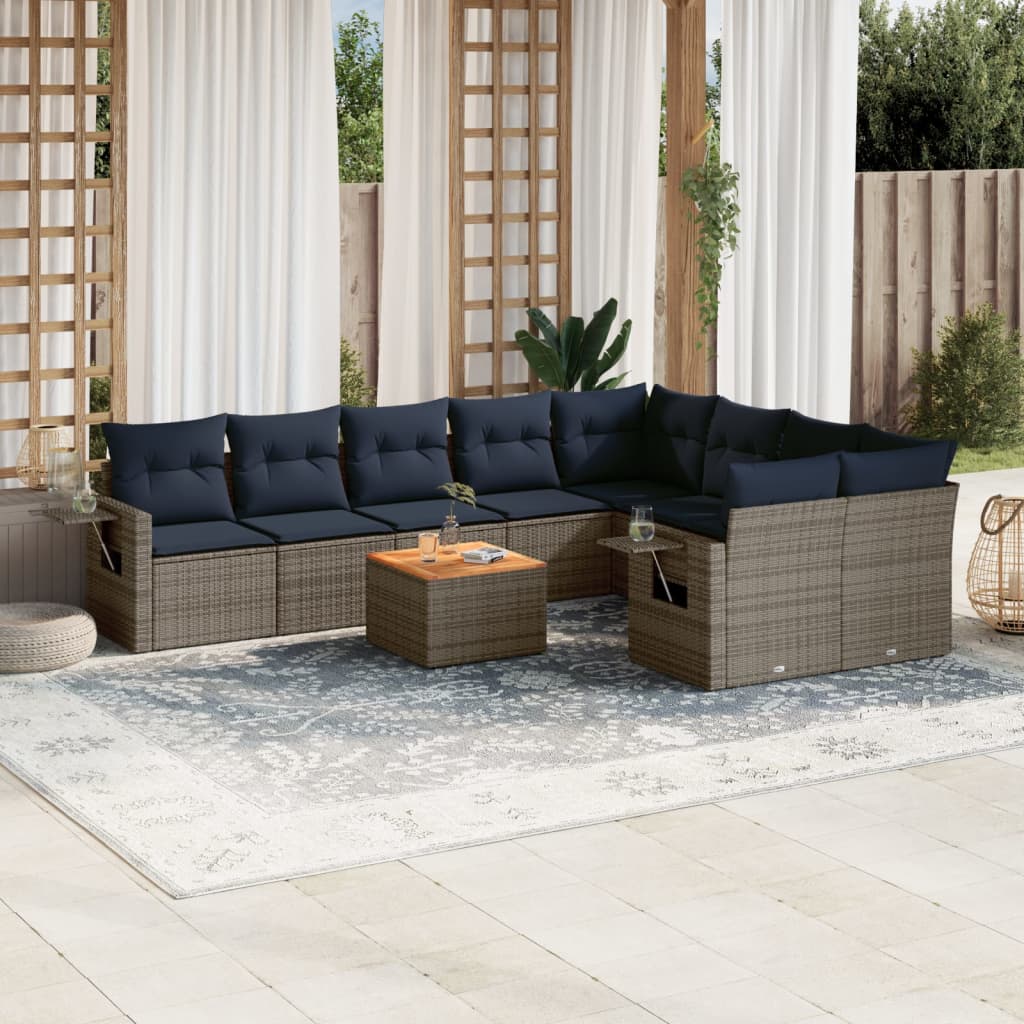 Set Divani da Giardino 10 pz con Cuscini Grigio in Polyrattan | homemem39