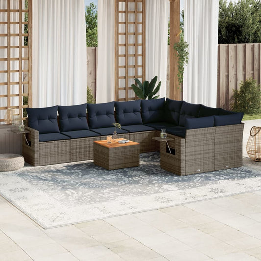 Set Divani da Giardino 10 pz con Cuscini Grigio in Polyrattan | homemem39