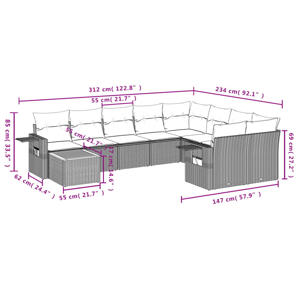 Set Divano da Giardino 10 pz con Cuscini Beige in Polyrattan - homemem39