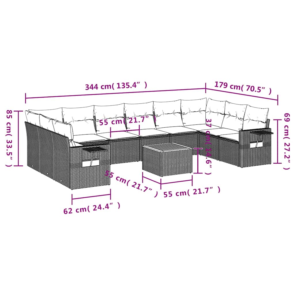 Set Divani da Giardino 11 pz con Cuscini Nero in Polyrattan | homemem39