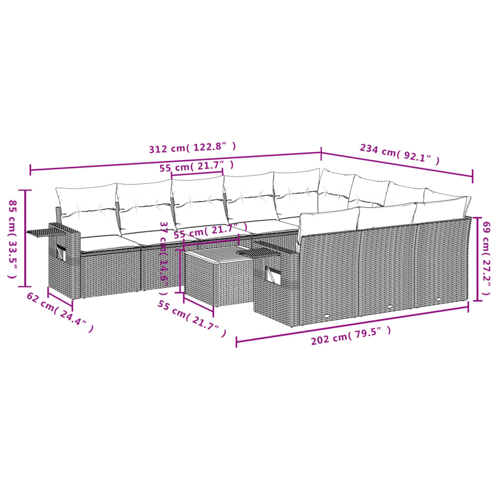 Set Divani da Giardino 11 pz con Cuscini in Polyrattan Nero - homemem39