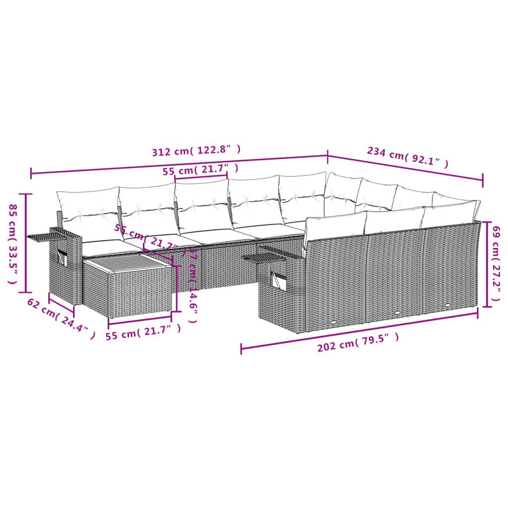 Set Divani da Giardino 11 pz con Cuscini Beige in Polyrattan - homemem39