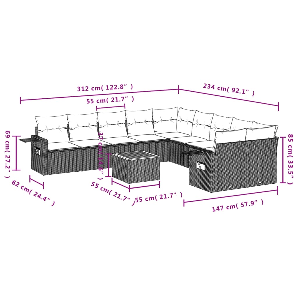 Set Divani da Giardino 11 pz con Cuscini in Polyrattan Grigio - homemem39