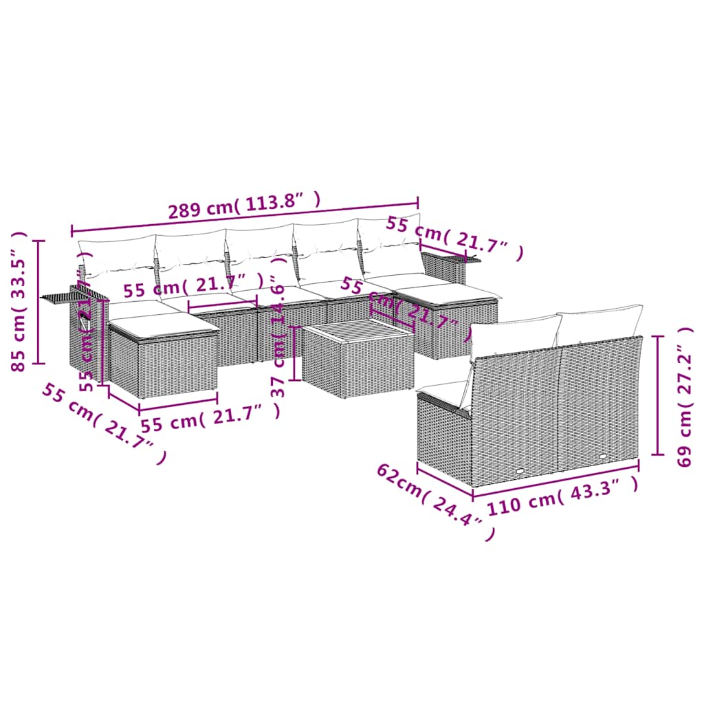 Set Divani da Giardino 10 pz con Cuscini Grigio in Polyrattan | homemem39