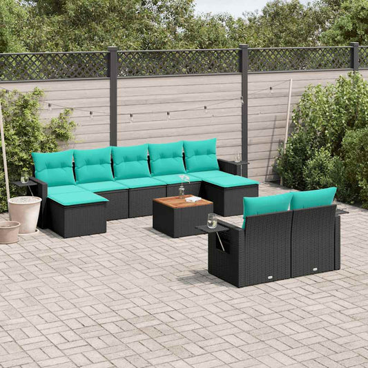 Set Divani da Giardino 10 pz con Cuscini Nero in Polyrattan | homemem39