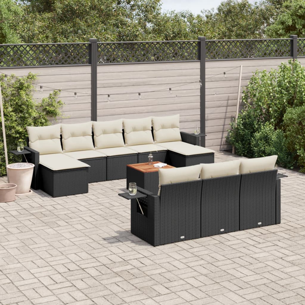 11-teiliges Gartensofa-Set mit schwarzen Polyrattan-Kissen