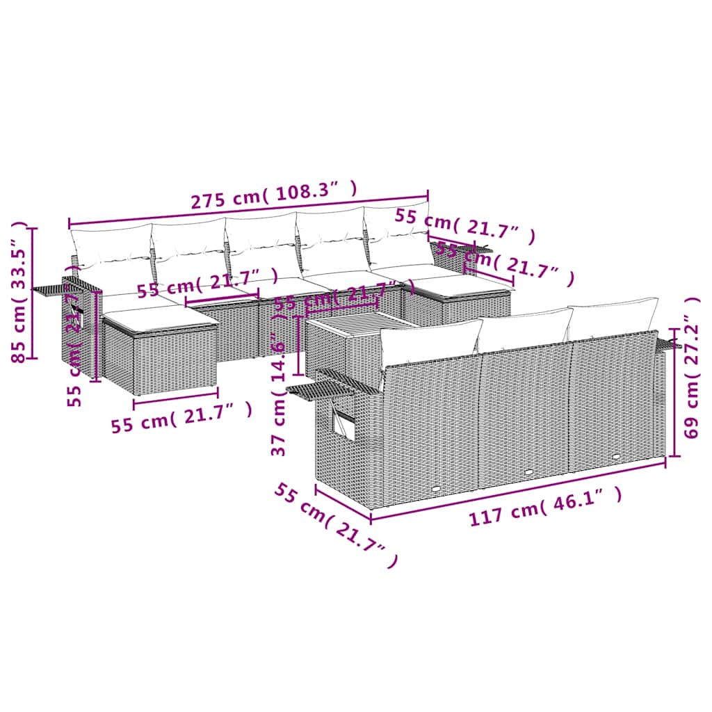 Set Divani da Giardino 11 pz con Cuscini Nero in Polyrattan | homemem39