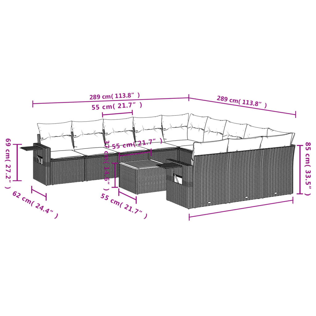 Set Divani da Giardino 12 pz con Cuscini Nero in Polyrattan - homemem39