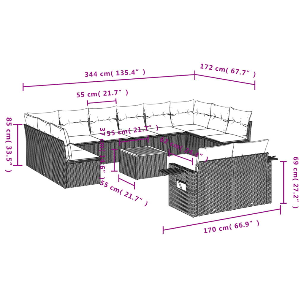 Set Divani da Giardino 13pz con Cuscini Nero in Polyrattan - homemem39