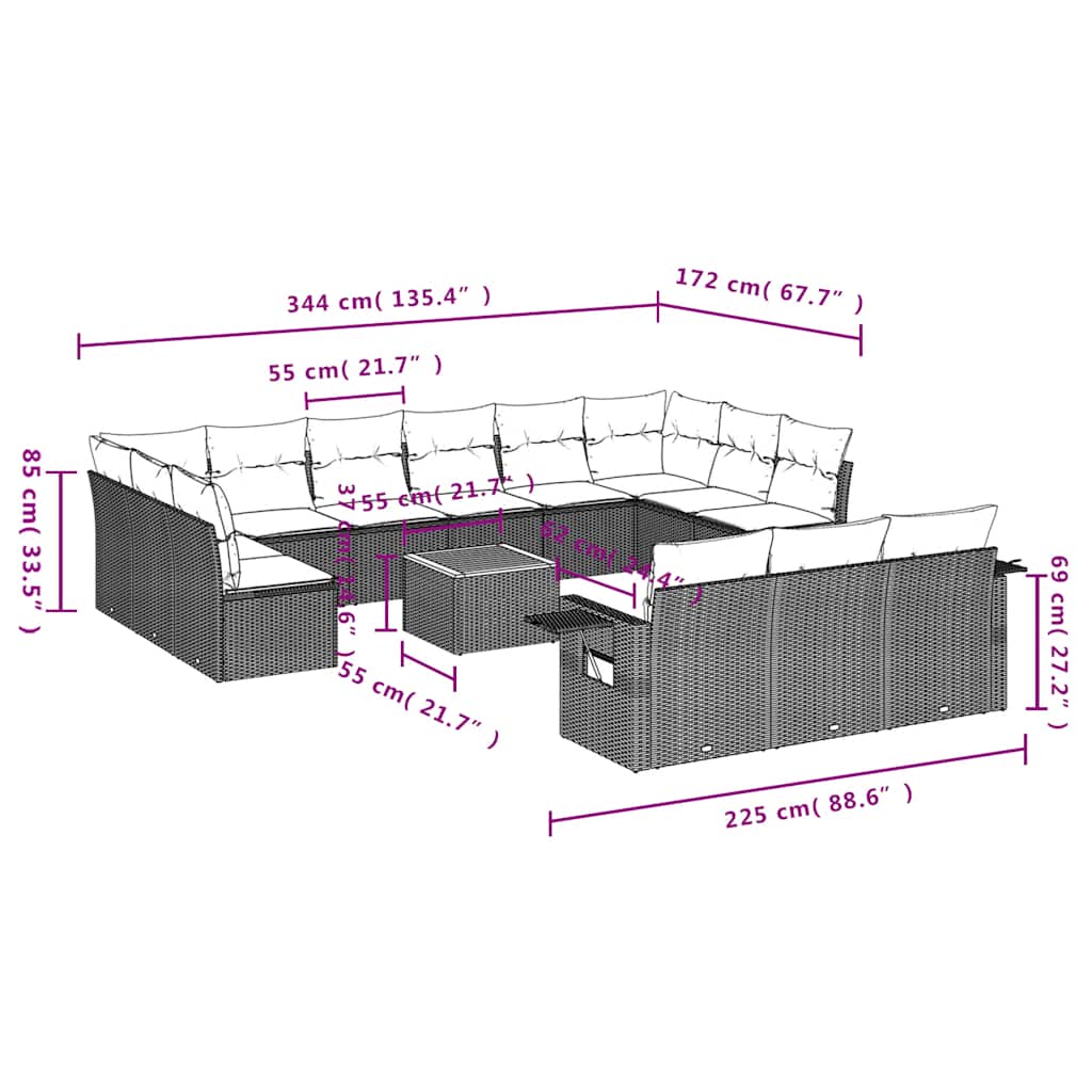 Set Divani da Giardino 14 pz con Cuscini Grigio in Polyrattan | homemem39