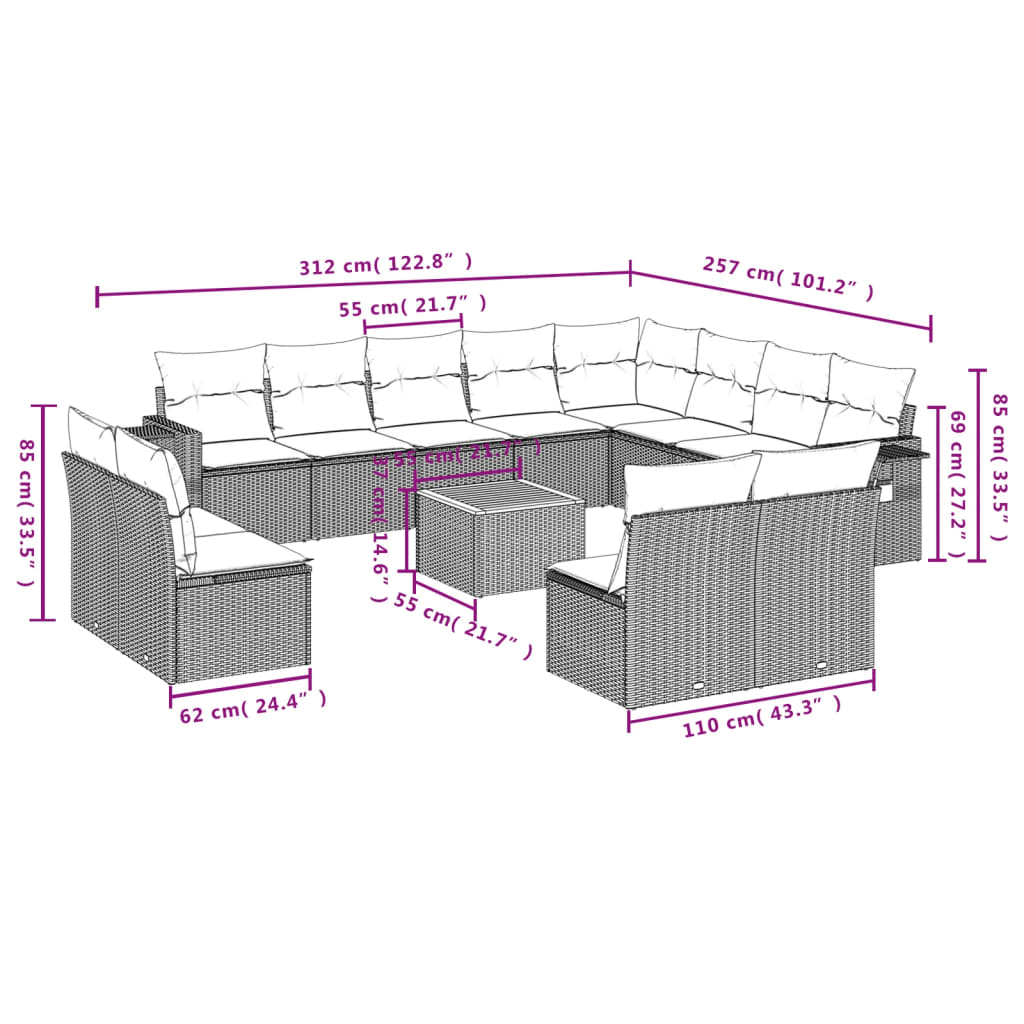 Set Divani da Giardino 13pz con Cuscini Nero in Polyrattan - homemem39