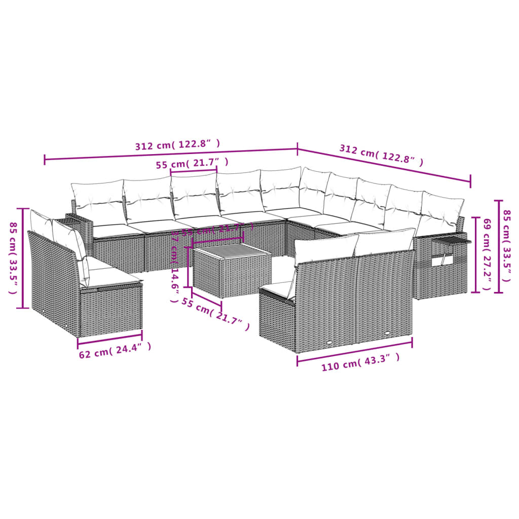 Set Divani da Giardino 14pz con Cuscini in Polyrattan Grigio - homemem39