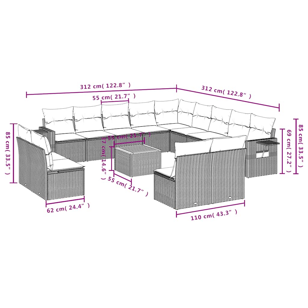 Set Divani da Giardino 14 pz con Cuscini Grigio in Polyrattan | homemem39