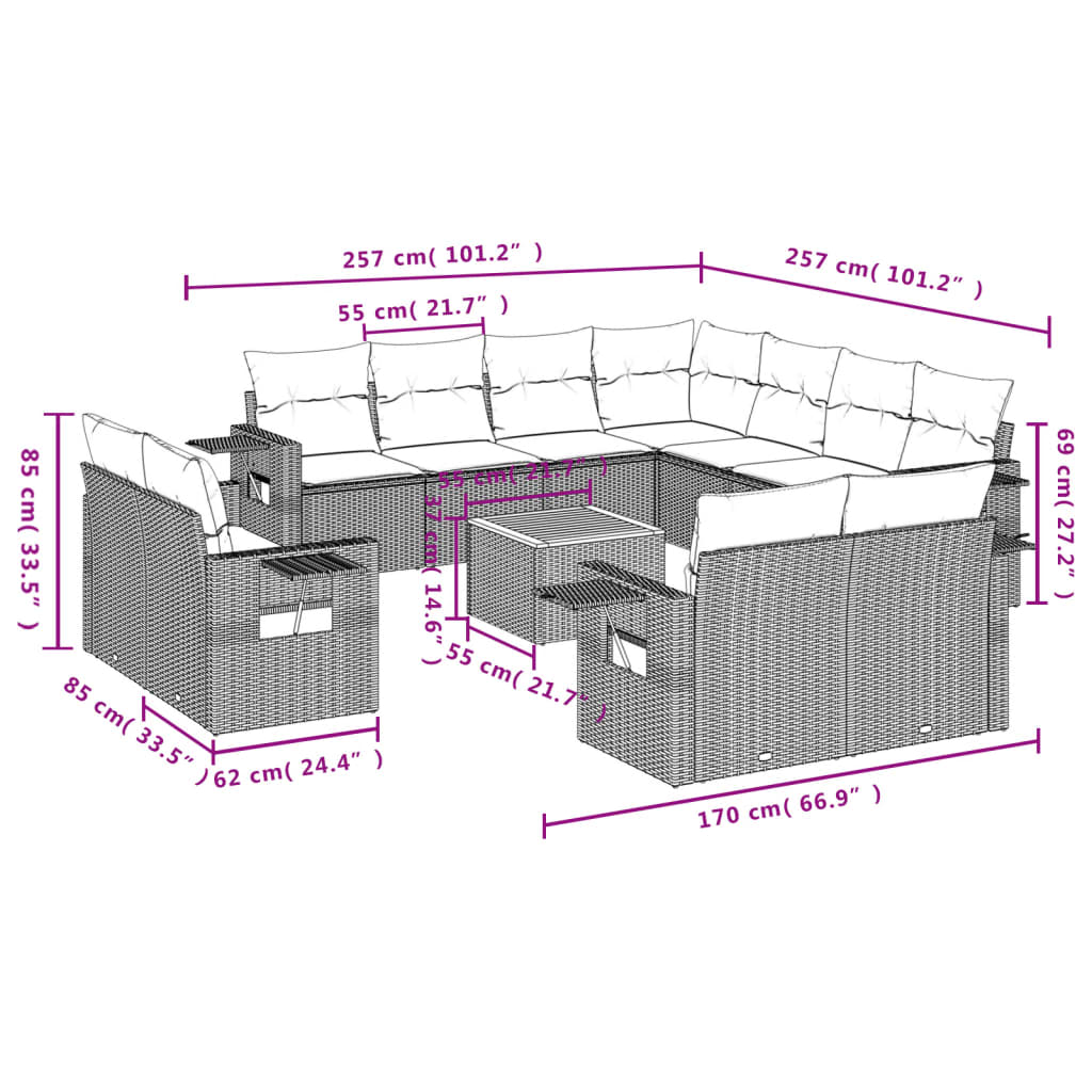 Set Divani da Giardino 12 pz con Cuscini Nero in Polyrattan - homemem39