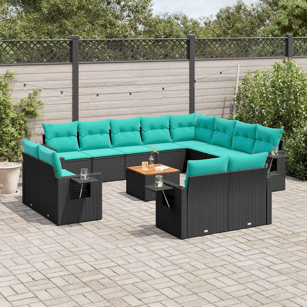 Set Divani da Giardino 13 pz con Cuscini Nero in Polyrattan