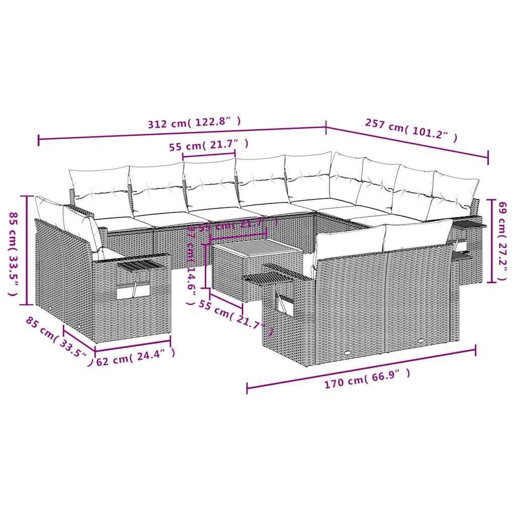 Set Divani da Giardino 13 pz con Cuscini Grigio in Polyrattan | homemem39