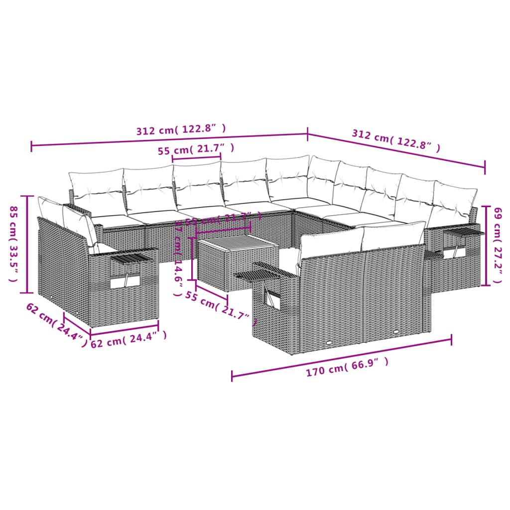 Set Divani da Giardino 14pz con Cuscini in Polyrattan Nero