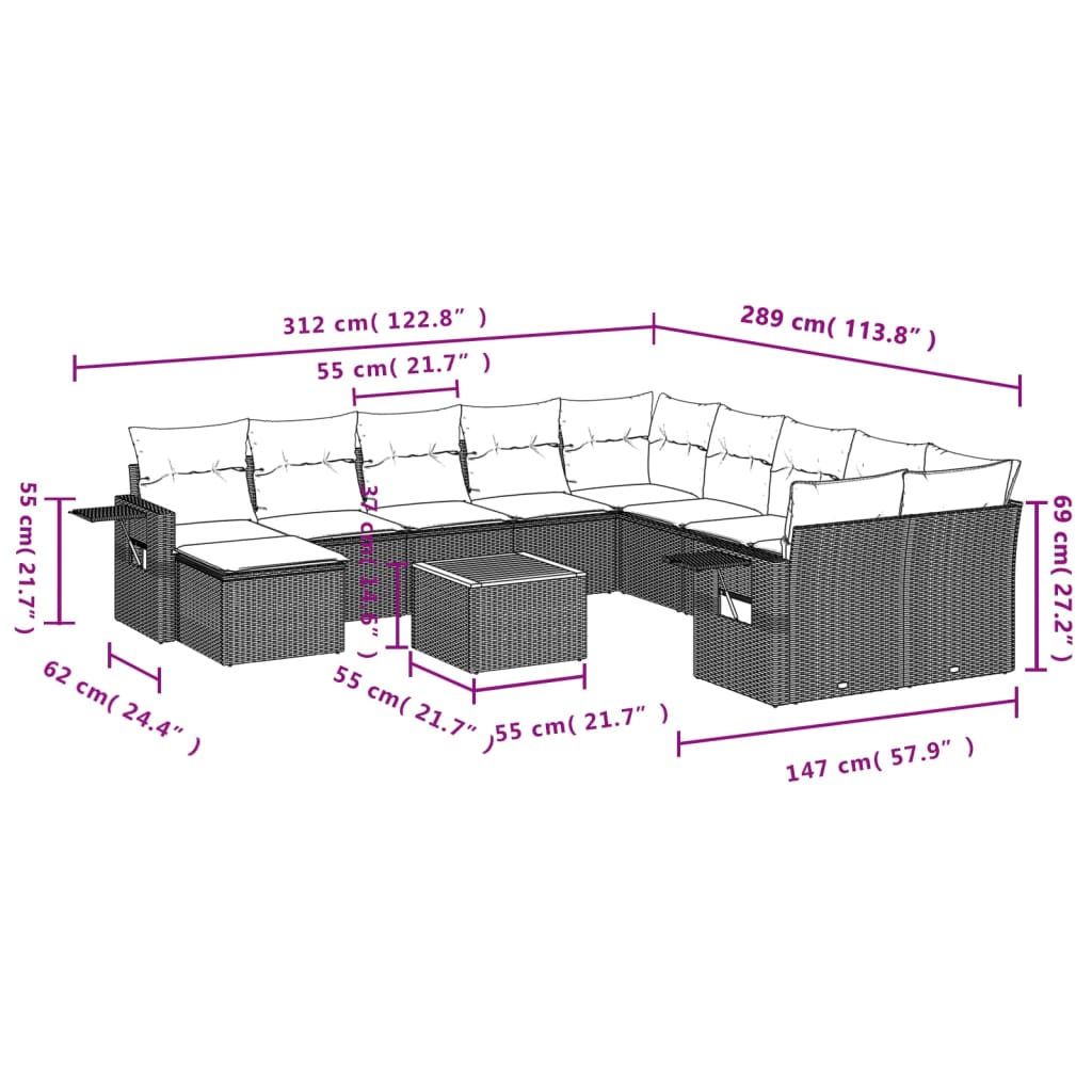 Set Divani da Giardino 12 pz con Cuscini Grigio in Polyrattan - homemem39