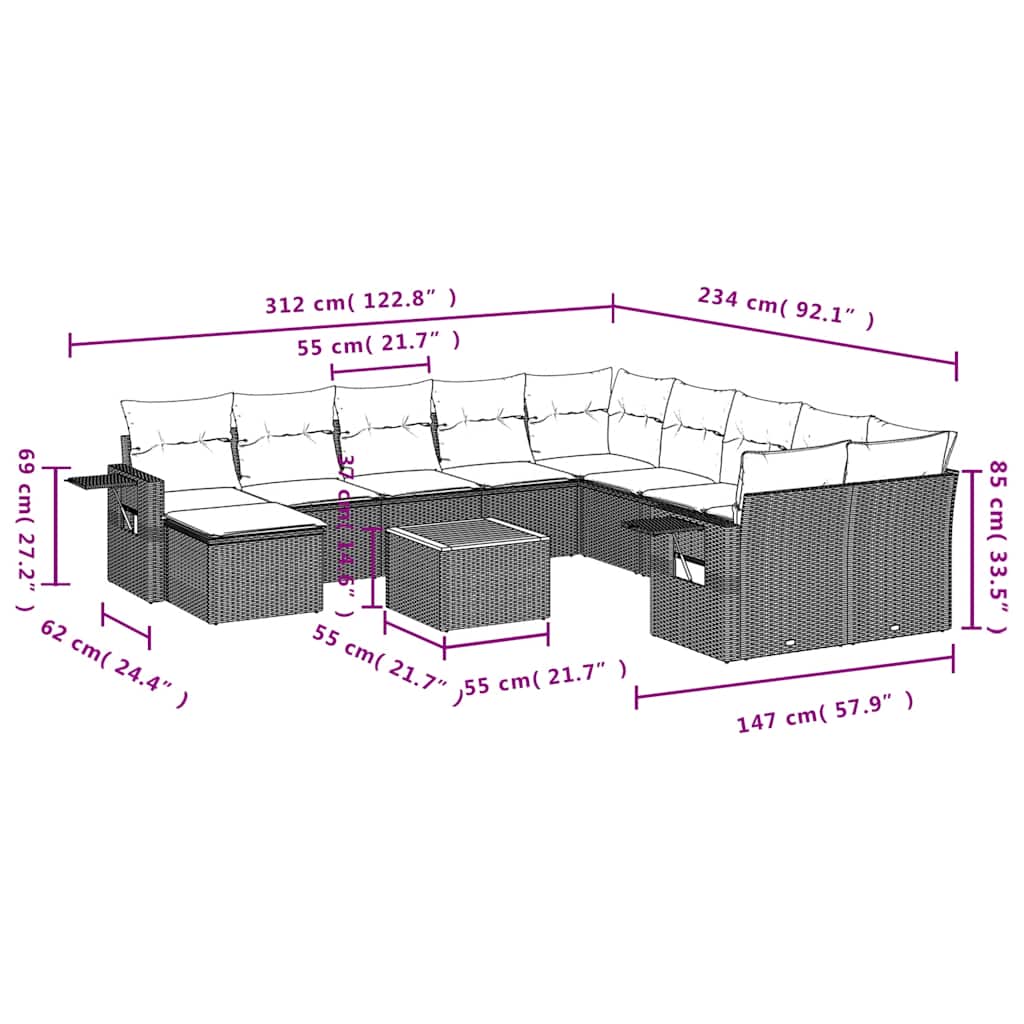 Set Divani da Giardino 12 pz con Cuscini Grigio in Polyrattan | homemem39