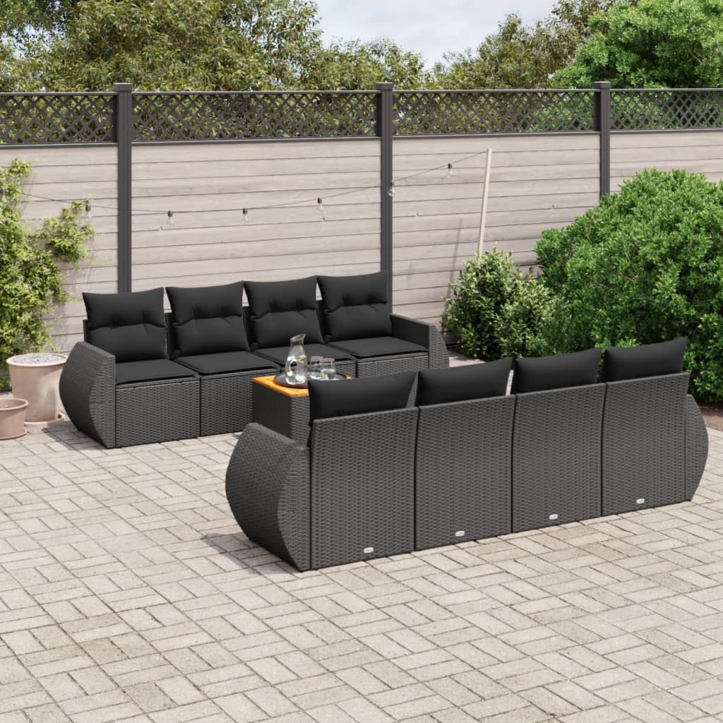 Set Divani da Giardino 9 pz con Cuscini Nero in Polyrattan - homemem39