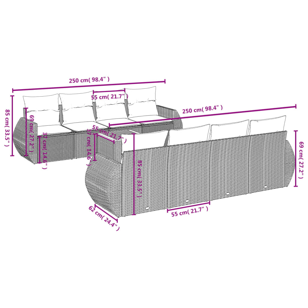 Set Divano da Giardino 9 pz con Cuscini Grigio in Polyrattan - homemem39