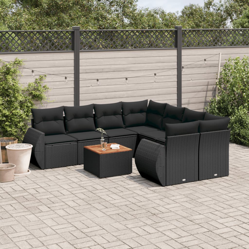 Set Divani da Giardino 9 pz con Cuscini Nero in Polyrattan - homemem39