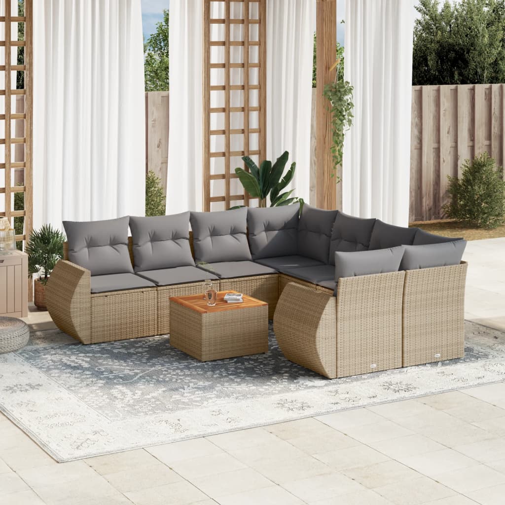 Set Divano da Giardino 9 pz con Cuscini Beige in Polyrattan - homemem39
