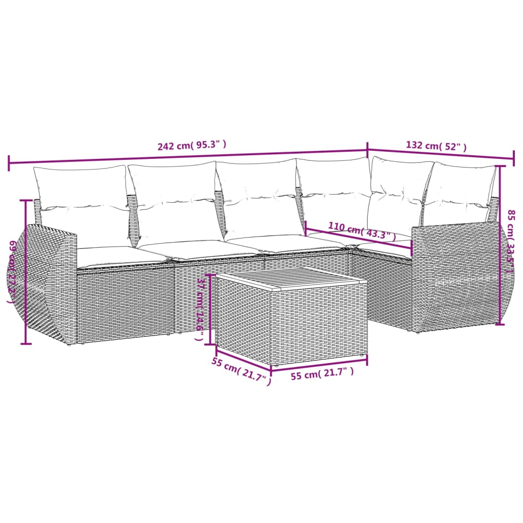 Set Divano da Giardino 6 pz con Cuscini Grigio in Polyrattan - homemem39