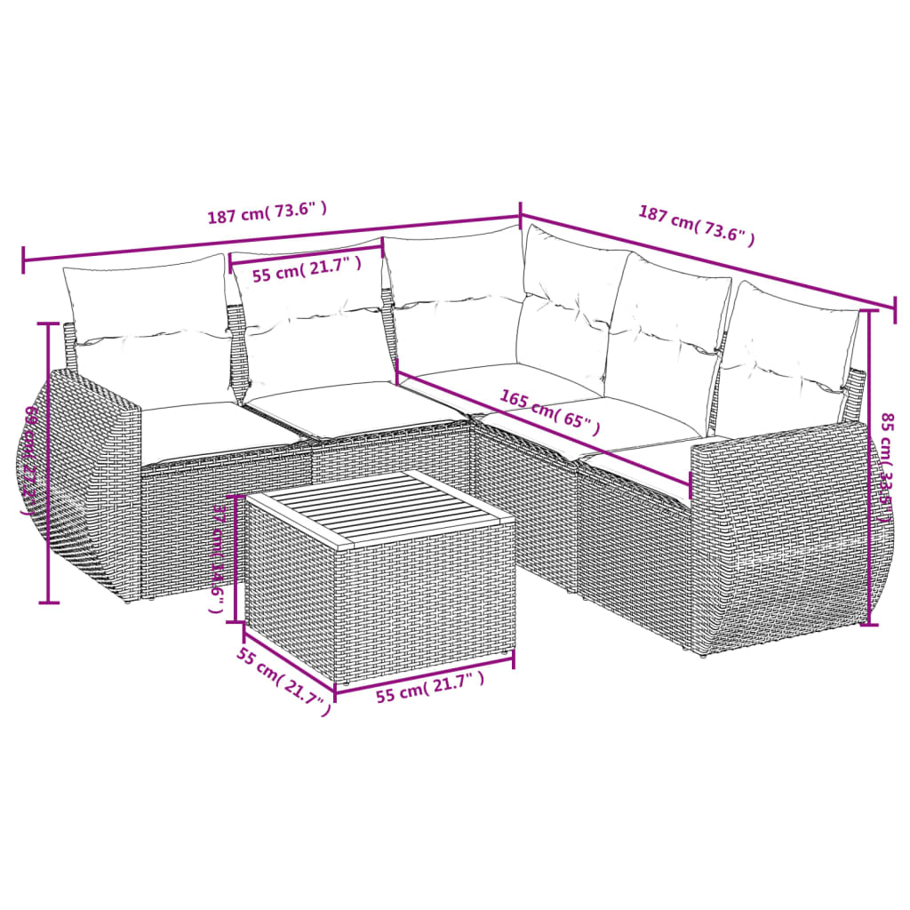 Set Divano da Giardino 6 pz con Cuscini Grigio in Polyrattan - homemem39