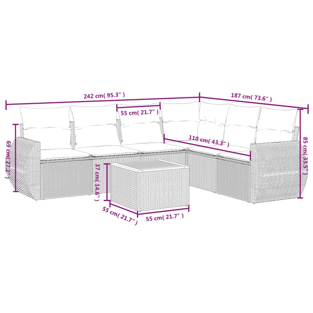 Set Divani da Giardino 7 pz con Cuscini Grigio in Polyrattan | homemem39