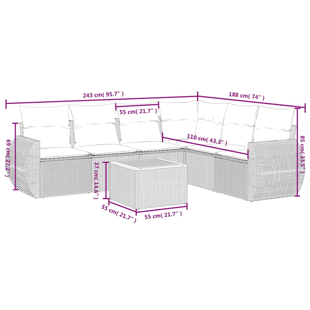 Set Divani da Giardino 7 pz con Cuscini Grigio in Polyrattan | homemem39