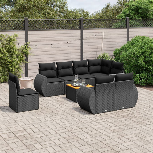 Set Divani da Giardino 9 pz con Cuscini Nero in Polyrattan - homemem39