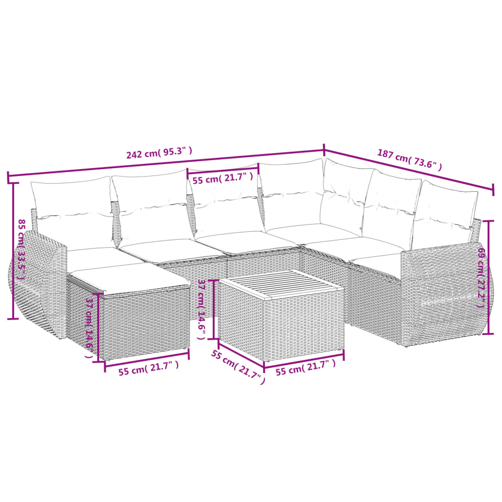 Set Divano da Giardino 8 pz con Cuscini Grigio in Polyrattan - homemem39