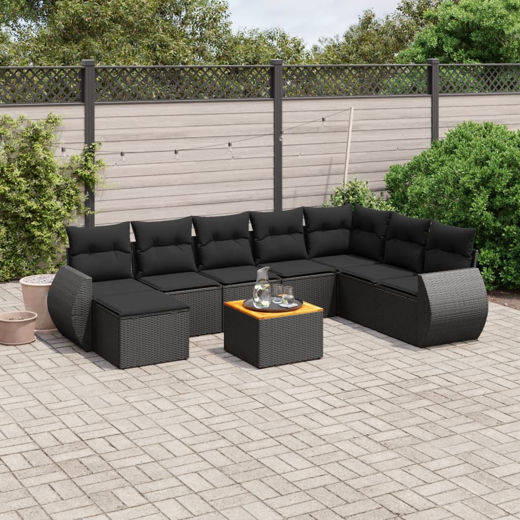 Set Divani da Giardino 9 pz con Cuscini Nero in Polyrattan - homemem39
