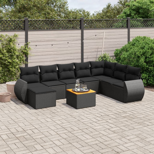 Set Divani da Giardino 9 pz con Cuscini Nero in Polyrattan - homemem39