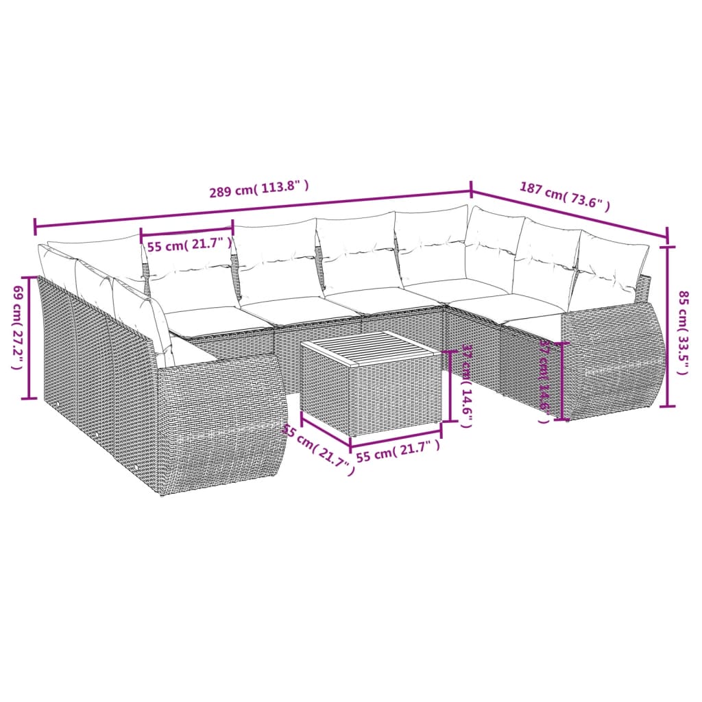 Set Divani da Giardino 10pz con Cuscini in Polyrattan Nero | homemem39
