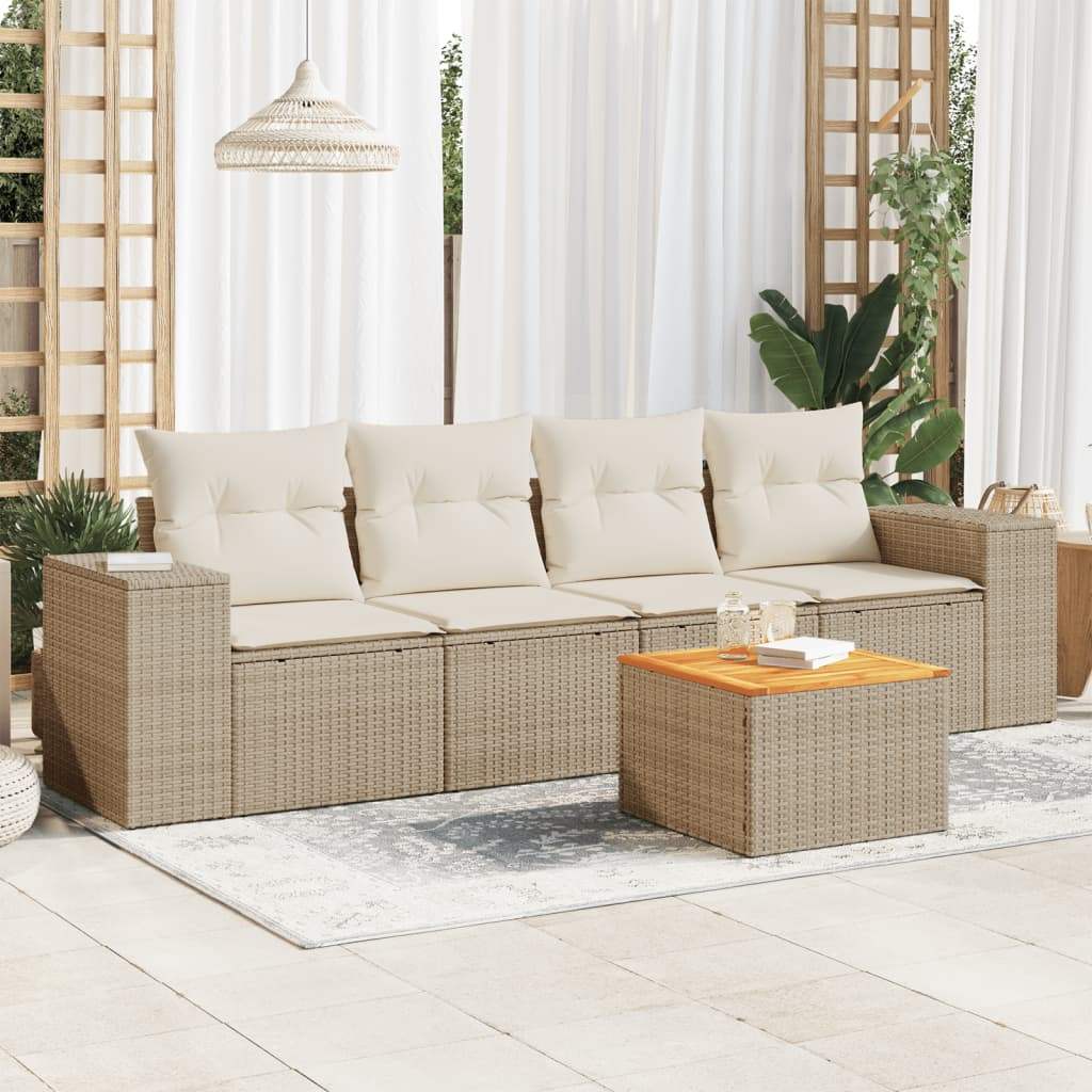 Set Divano da Giardino 5 pz con Cuscini Beige in Polyrattan - homemem39
