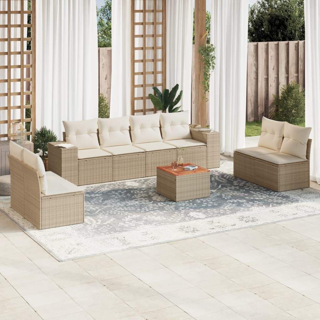 Set Divano da Giardino 9 pz con Cuscini Beige in Polyrattan - homemem39