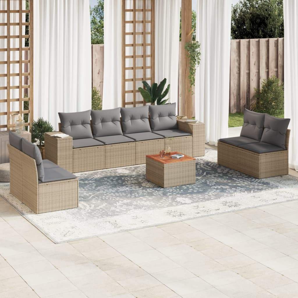 Set Divano da Giardino 9 pz con Cuscini Beige in Polyrattan - homemem39