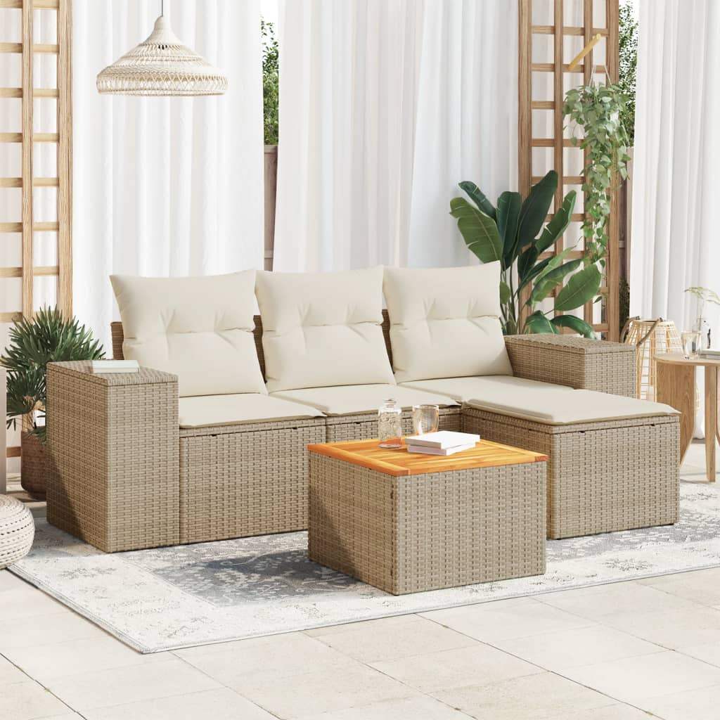 Set Divano da Giardino 5 pz con Cuscini Beige in Polyrattan - homemem39