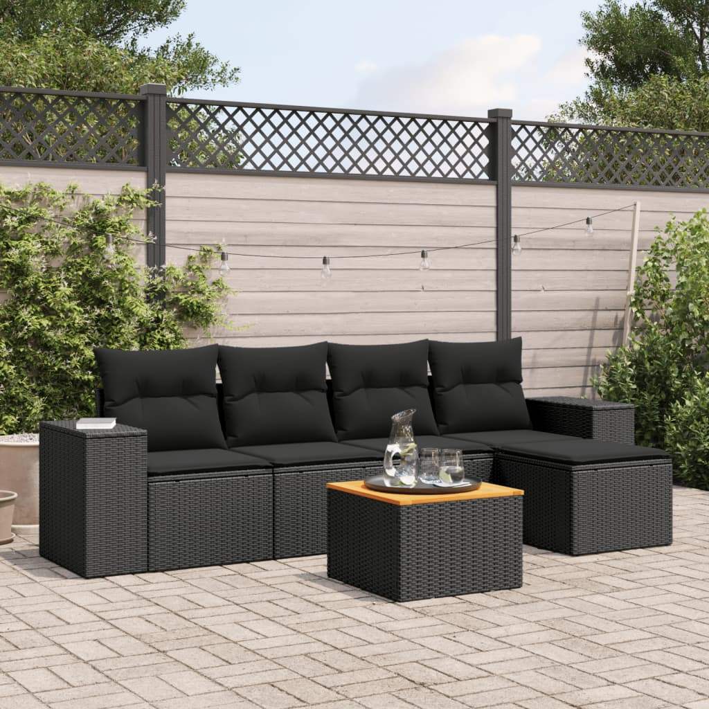 Set Divano da Giardino 6 pz con Cuscini Nero in Polyrattan - homemem39