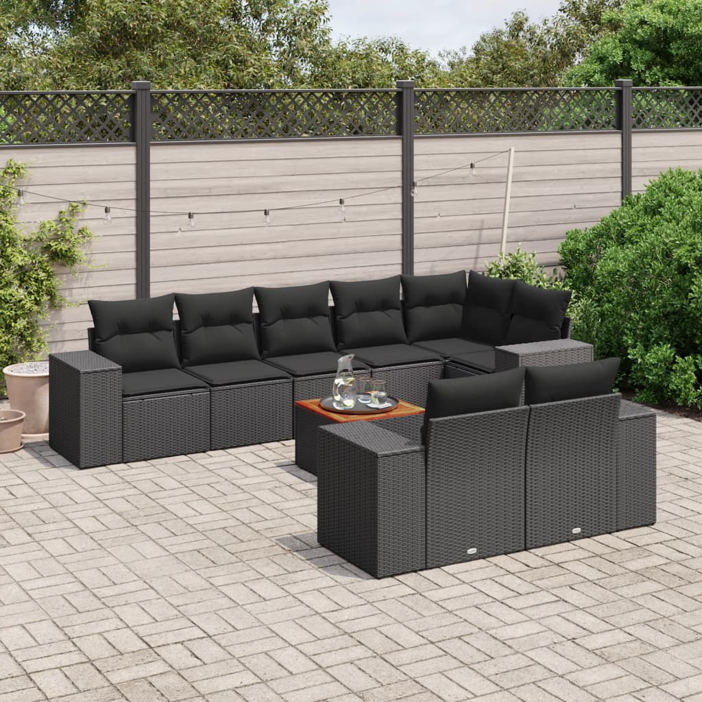 Set Divani da Giardino 9 pz con Cuscini Nero in Polyrattan - homemem39