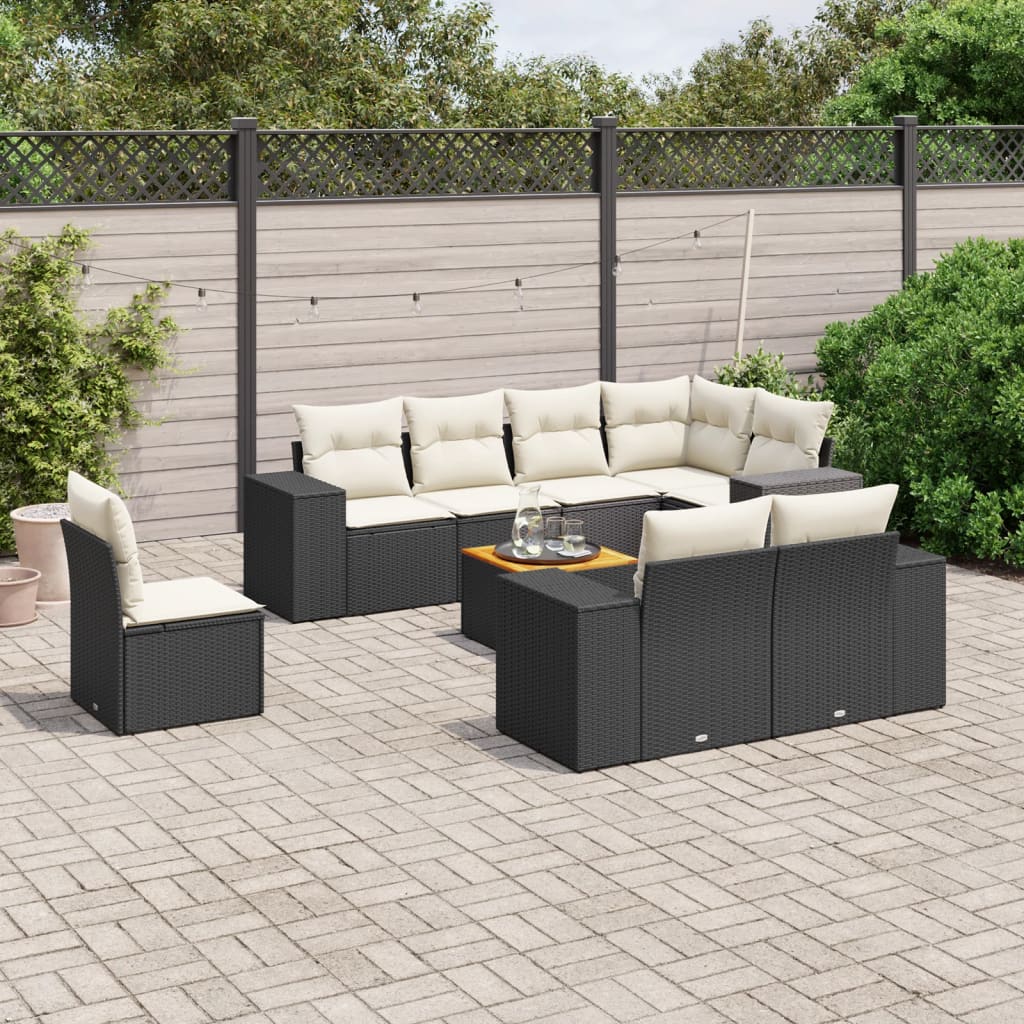 Set Divani da Giardino 9 pz con Cuscini Nero in Polyrattan - homemem39