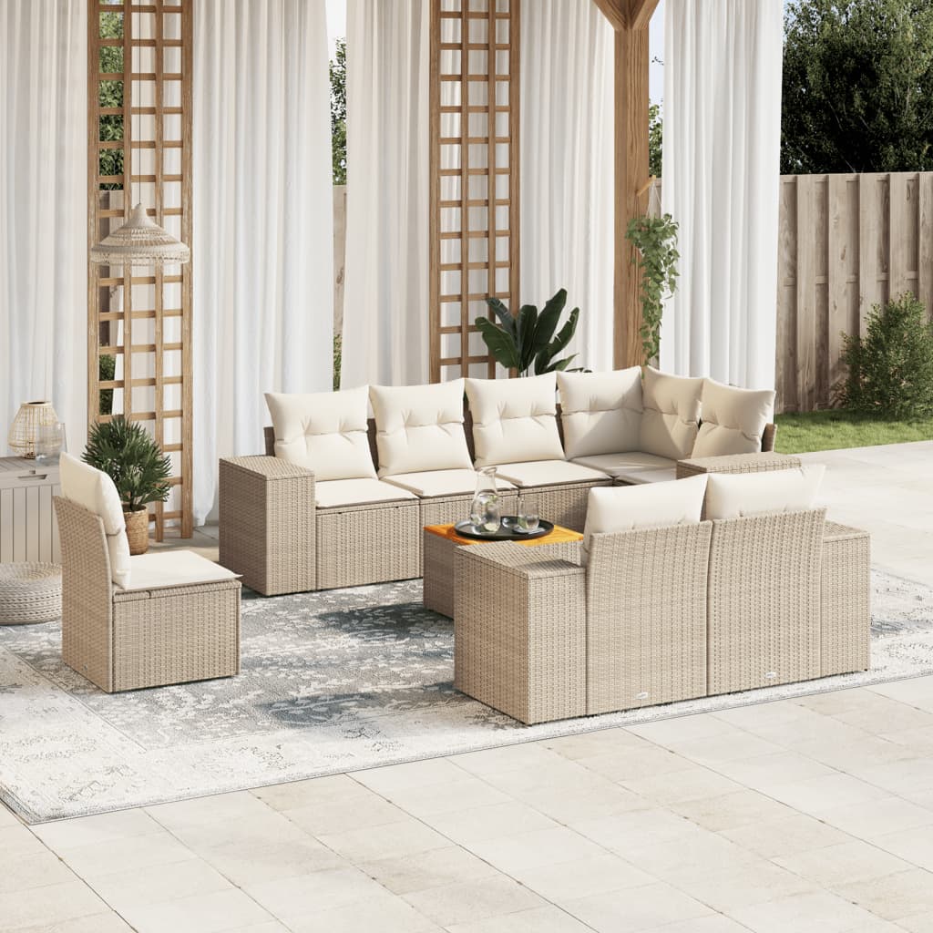 Set Divano da Giardino 9 pz con Cuscini Beige in Polyrattan - homemem39