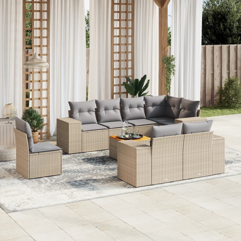 Set Divano da Giardino 9 pz con Cuscini Beige in Polyrattan - homemem39