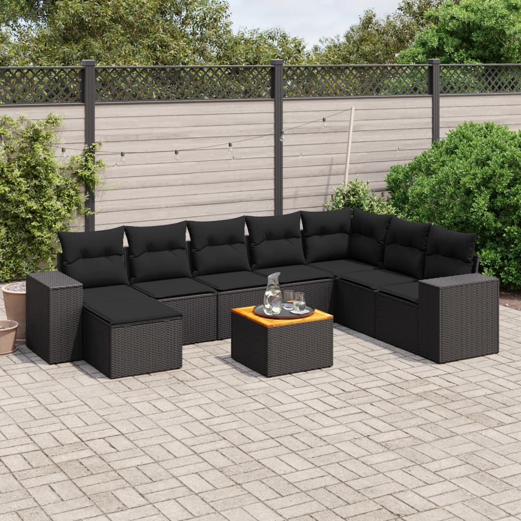 Set Divani da Giardino 9 pz con Cuscini Nero in Polyrattan - homemem39